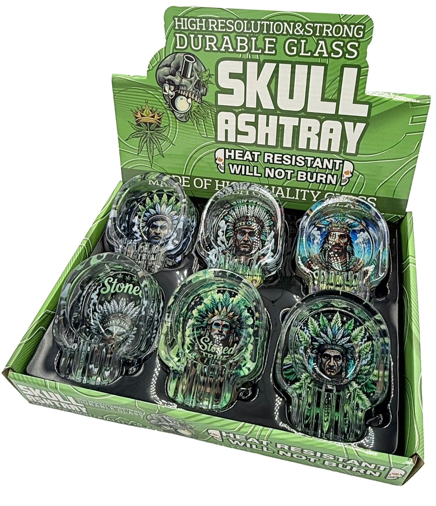 STONED TRIBE – ASHTRAY – SKULL GLASS ASSORTED DESIGNS – 95MM – 6CT DISPLAY – [MSRP: $4 EACH]