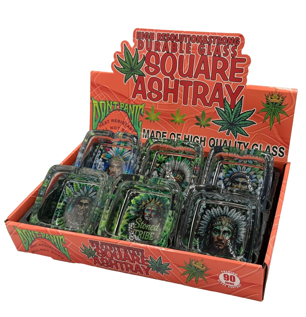 STONED TRIBE – ASHTRAY – SQUARE GLASS ASSORTED DESIGNS – 90MM – 6CT DISPLAY – [MSRP: $4 EACH]