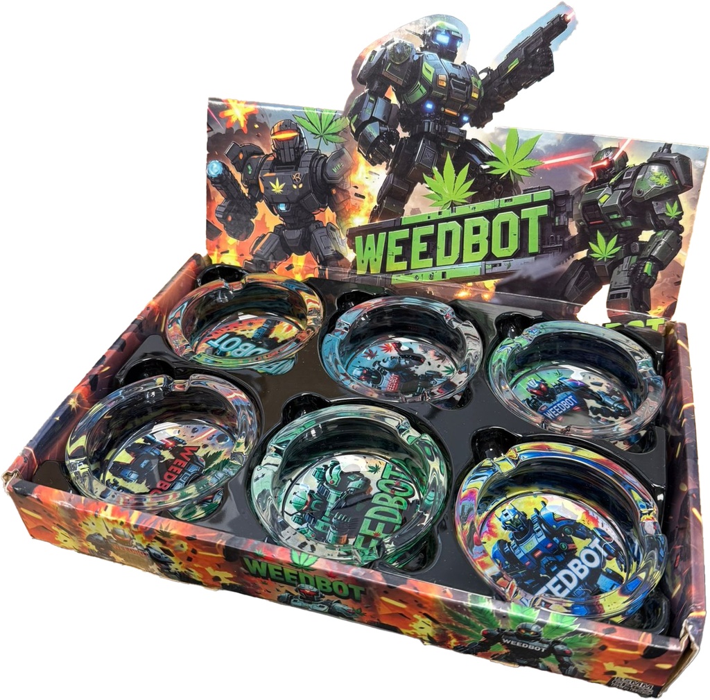 WEEDBOT – ASHTRAY – ROUND GLASS ASSORTED DESIGNS – 85MM – 6CT DISPLAY – [MSRP: $4 EACH]