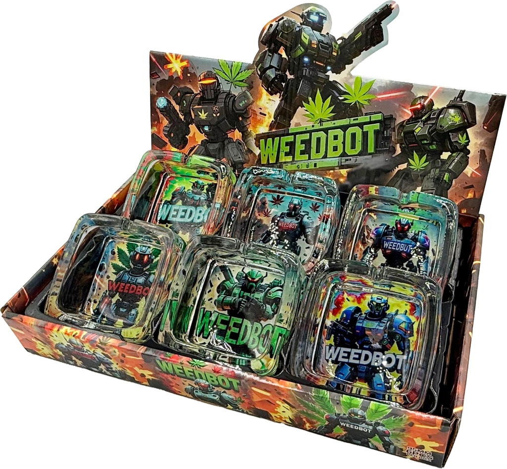 WEEDBOT – ASHTRAY – SQUARE GLASS ASSORTED DESIGNS – 90MM – 6CT DISPLAY – [MSRP: $4 EACH]