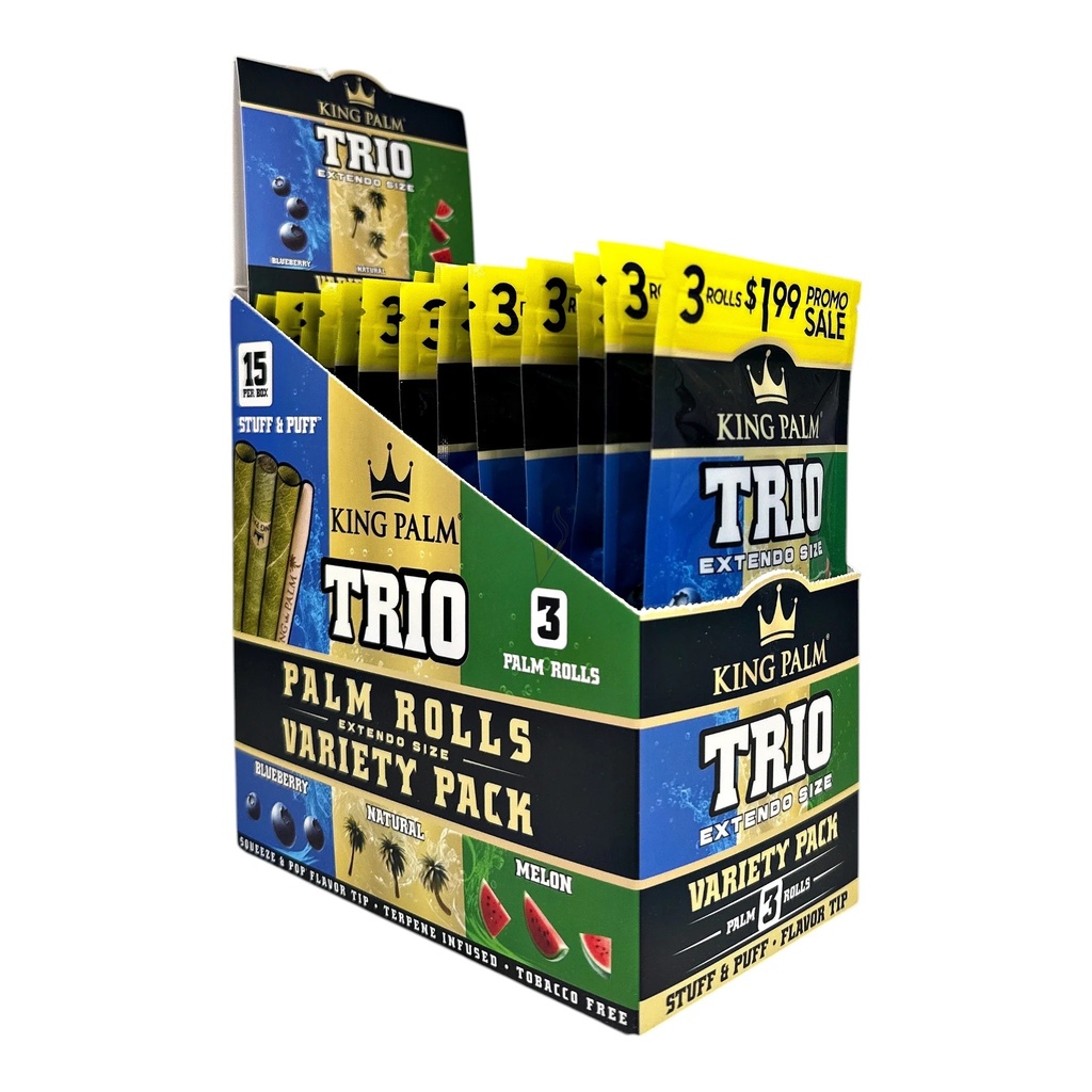 KING PALM – ROLLING ALTERNATIVES – WRAPS TRIO – PRE-PRICED $1.99 – EXTENDO – 3PK – 15CT DSPL – [MSRP: $1.99 EACH]