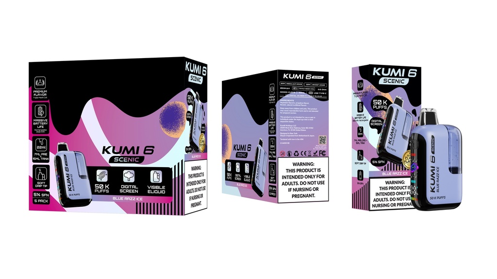 KUMI – DISPOSABLE VAPE – NICOTINE ANALOGUES – 6 SCENIC – 50K PUFF – 22ML – VARIOUS FLAVORS – 5CT – [MSRP: $29 EACH]