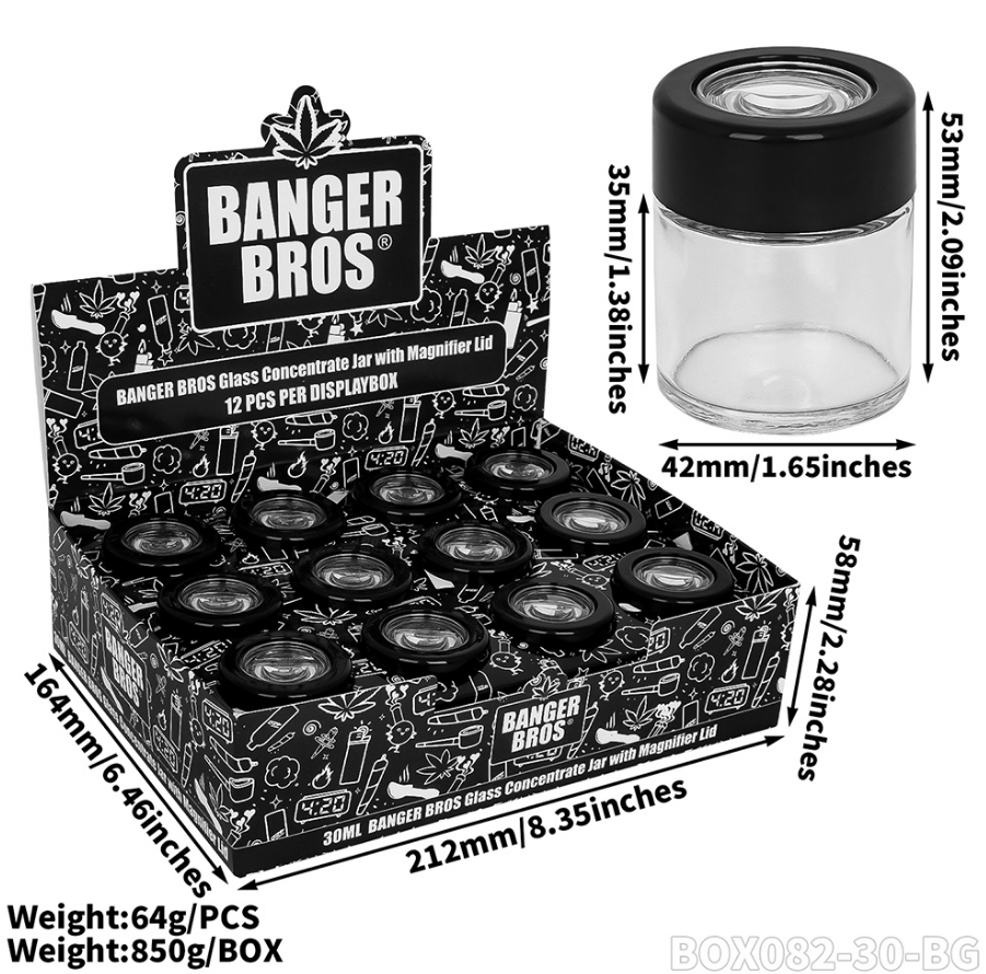 BANGER BROS – CONTAINERS & JARS – MAGNIFYING GLASS TANK – BLACK AIRTIGHT LID – VARIOUS SIZES – 12CT DISPLAY – [MSRP: $2.50-$4 EACH]