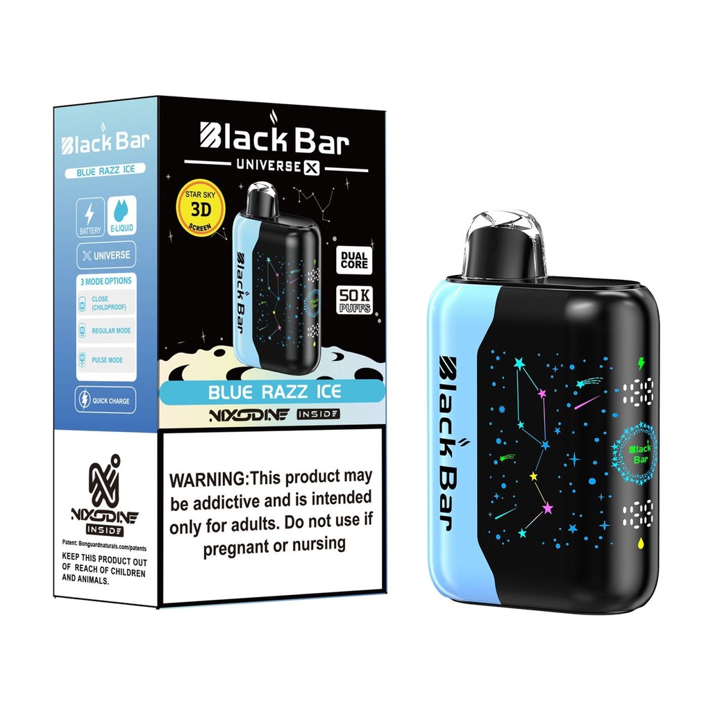 BLACK BAR – DISPOSABLE VAPE – NICOTINE ANALOGUES – UNIVERSE X – NIXODINE EDITION – 50K PUFF – 18ML – VARIOUS FLAVORS – 5CT – [MSRP: $20 EACH]