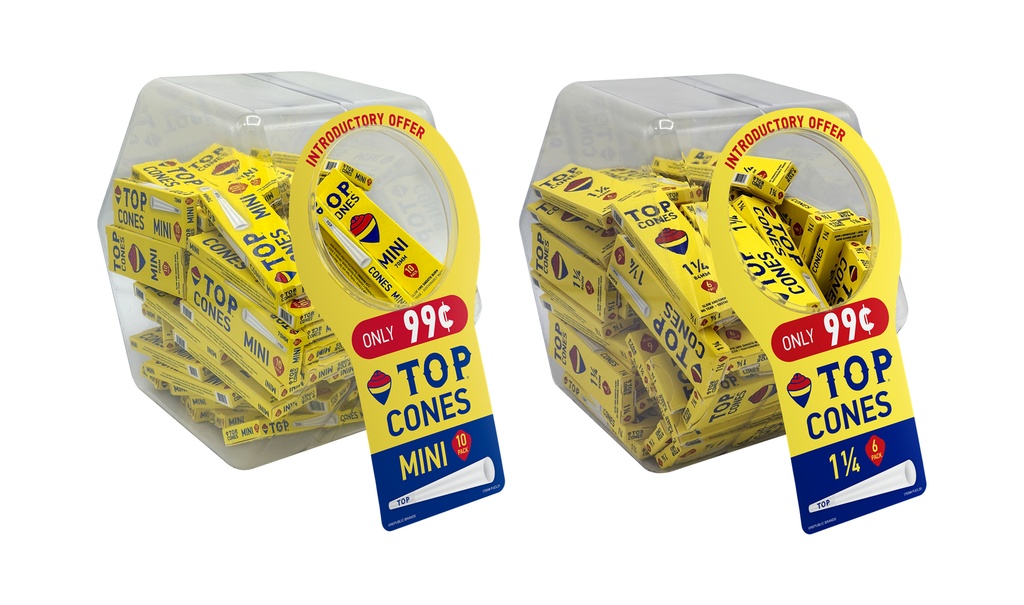 TOP – PRE-ROLLED CONES – PRE-PRICED 99¢ – MINI & 1 1/4 – 72CT BOWL/TUB – [MSRP: $0.99 EACH]