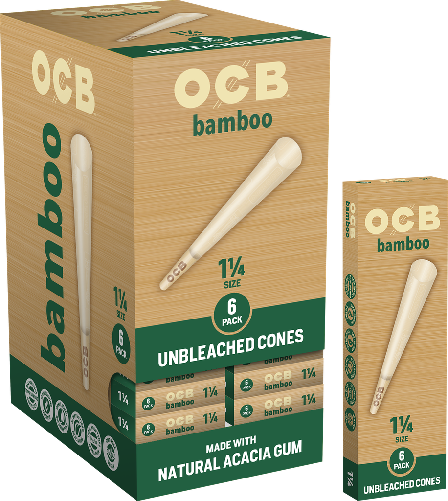 OCB – PRE-ROLLED CONES – BAMBOO – MINI 10CT & 1-1/4 6CT – 24CT GRAVITY DSPL – [MSRP: $3 EACH]