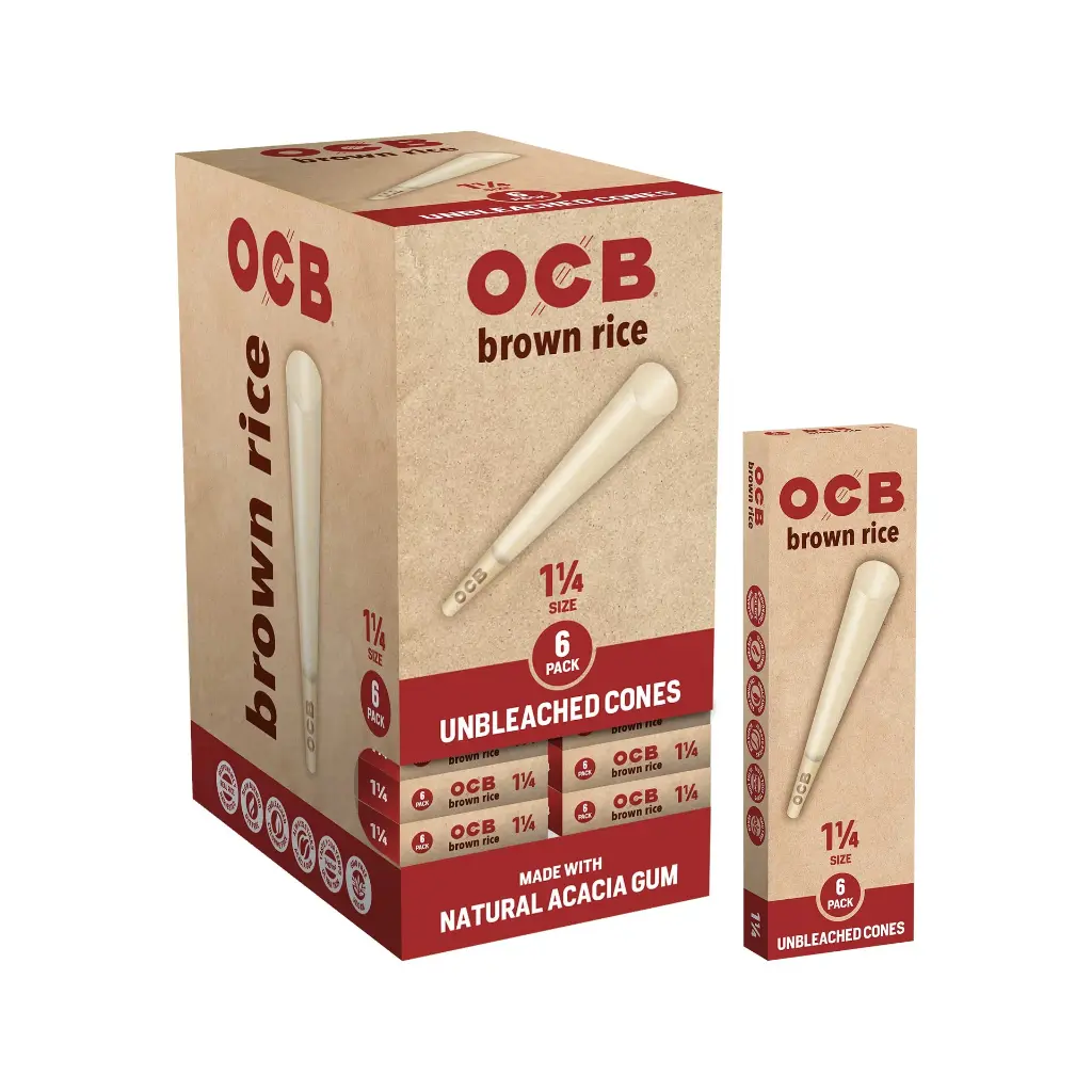 OCB – BROWN RICE – PRE-ROLLED CONES – 1 1/4 – 6CT – 24PK DISPLAY – [MSRP: $3.50]