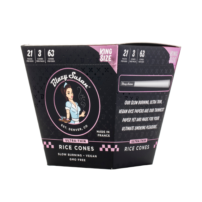 BLAZY SUSAN – ULTRA-THIN RICE PAPER PRE-ROLLED CONES – ASSORTED SIZES – 21CT DISPLAY – [MSRP: $3 EACH]