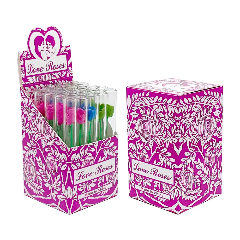LOVE ROSE – DOUBLE WALL GLASS TUBE – GLASS ACCESSORIES – THICK GLASS – PURPLE BOX – 25CT – LOVE-PURP25 – [MSRP: $2 EACH]