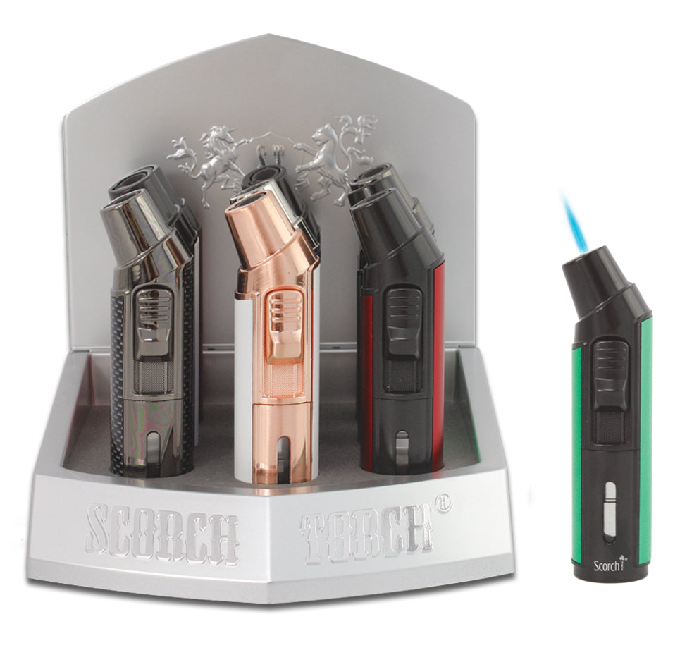SCORCH – TORCH LIGHTERS – TABLE TORCH WITH CIGAR PUNCH – TWO-TONE MATTE-METALLIC FINISH – SEE THRU BUTANE – 4.75” – 6CT DISPLAY – 61653-1 – [MSRP: $42.50 EACH]