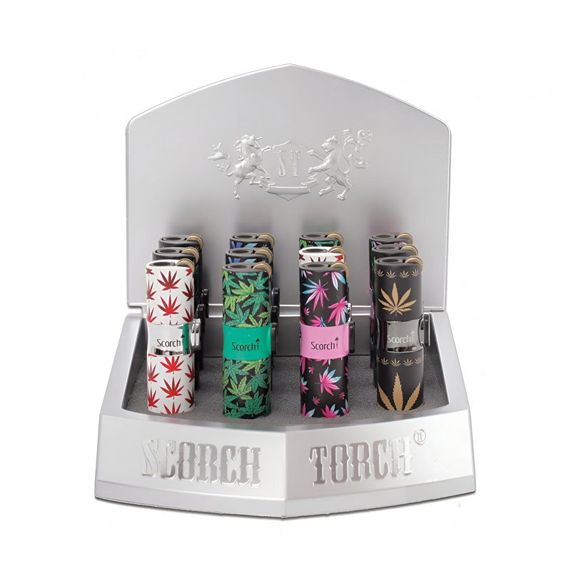 SCORCH – TORCH LIGHTERS – FLINT IGNITER – LEAF DESIGNS WITH PUNCH – PUSH UP TO LIGHT – 3.5” – 12CT DISPLAY – 61656-2L – [MSRP: $18.50 EACH]