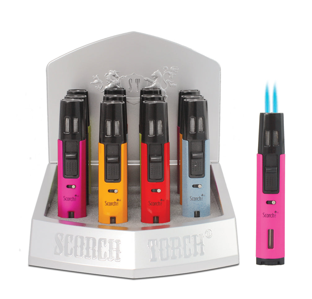 SCORCH – TORCH LIGHTERS – STANDING PENCIL – DOUBLE TORCH – MATTE FINISH & VIBRANT COLORS – SEE-THRU BUTANE – 5” – 12CT DISPLAY – 61658-2T – [MSRP: $21 EACH]