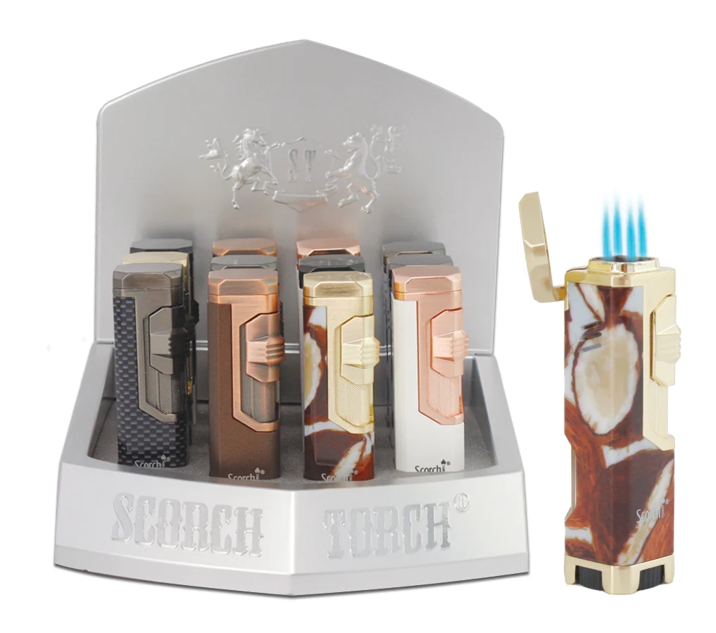 SCORCH – TORCH LIGHTERS – FOUR TORCH – HEXAGON SHAPE – SEE-THRU BUTANE – EASY DIAL – 12CT DISPLAY – 61660-00020 – [MSRP: $25 EACH]