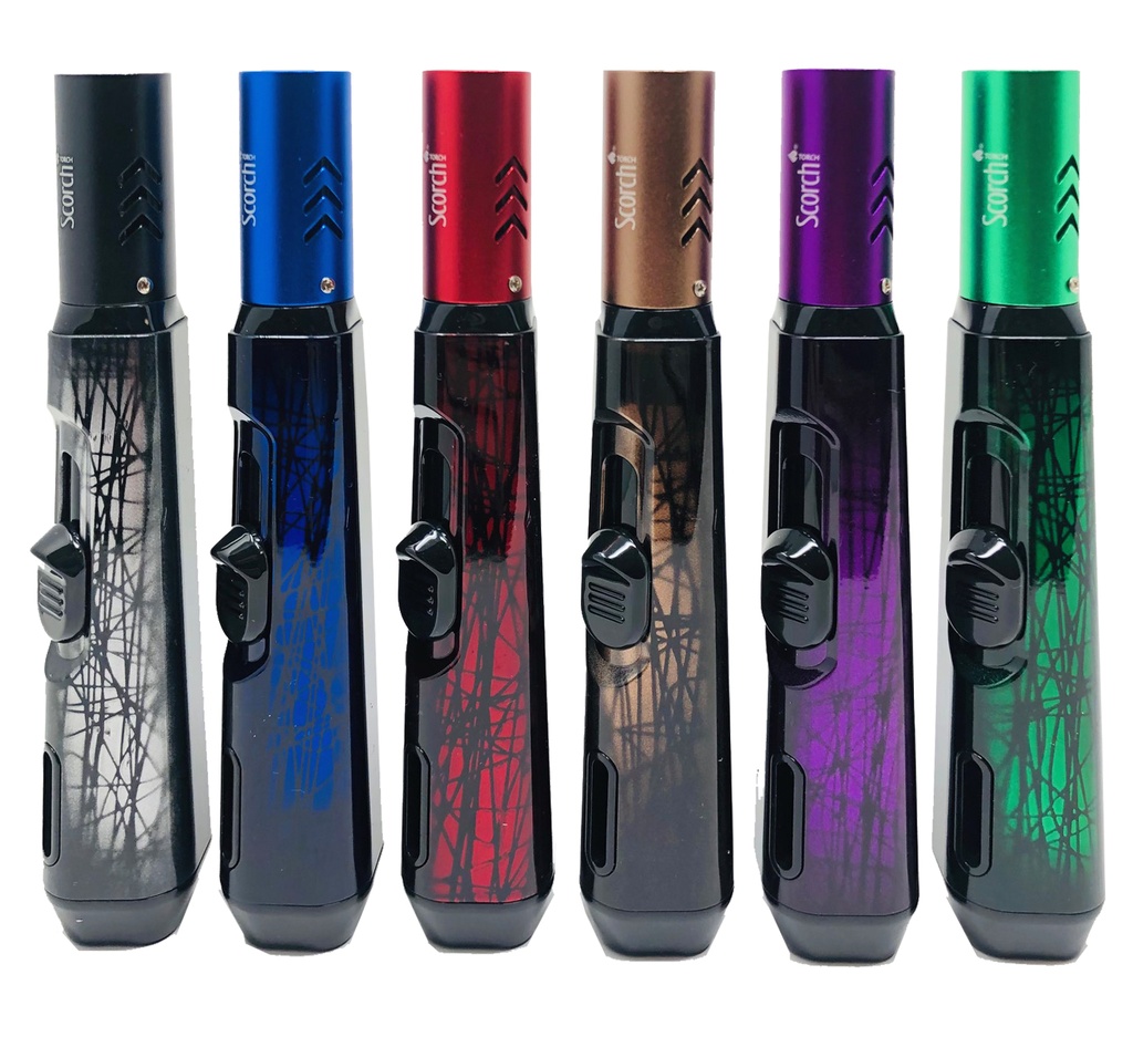 SCORCH – TORCH LIGHTERS – PENCIL TORCH WITH HOLD BUTTON – ABSTRACT DESIGN – TWO-TONE COLORS – 12CT DISPLAY – 61681-00032 – [MSRP: $19 EACH]