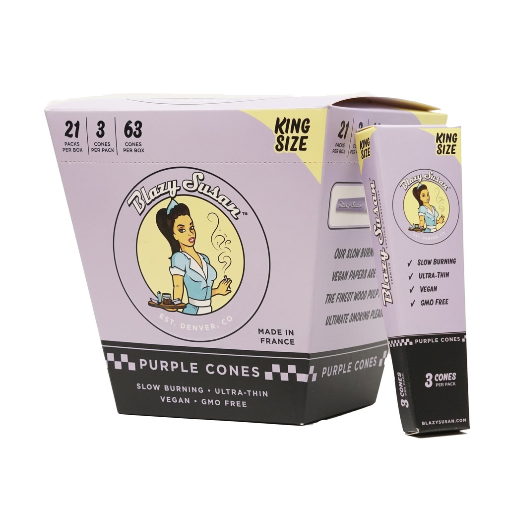 BLAZY SUSAN – PRE-ROLLED CONES – PURPLE CONE – KING SIZE – 21CT DSPL – [MSRP: $3.50 EACH]