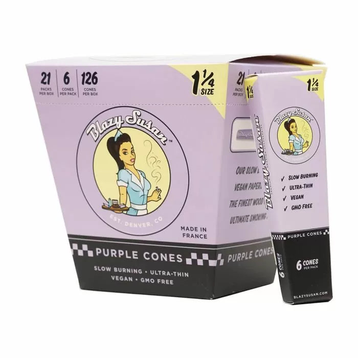 BLAZY SUSAN – PURPLE CONES – PRE-ROLLED CONES – 1-1/4 – 6PK – 21CT DSPL – [MSRP: $4.50 EACH]