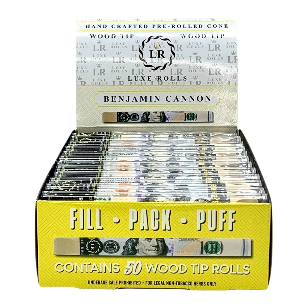 LUXE ROLLS – PRE-ROLLED CONES – BENJAMIN CANNON – WOOD TIP – 50CT – [MSRP: $2.50 EACH]