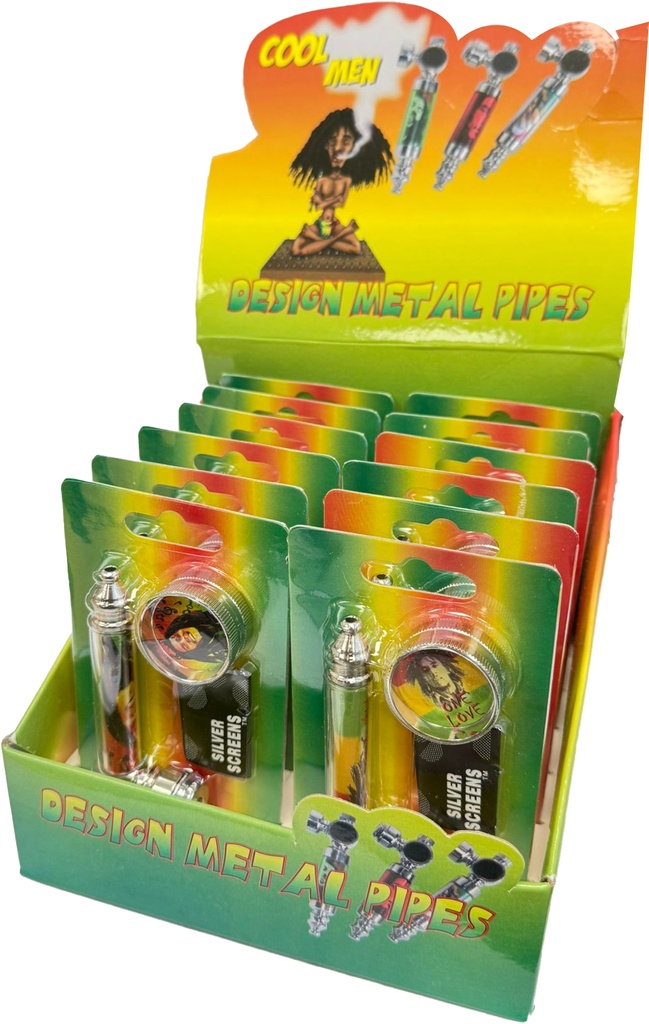 RASTA SET – SMOKING ACCESSORIES – PIPE, GRINDER, AND SCREEN – 12PK DISPLAY – B152 – [MSRP: $7.50 EACH]