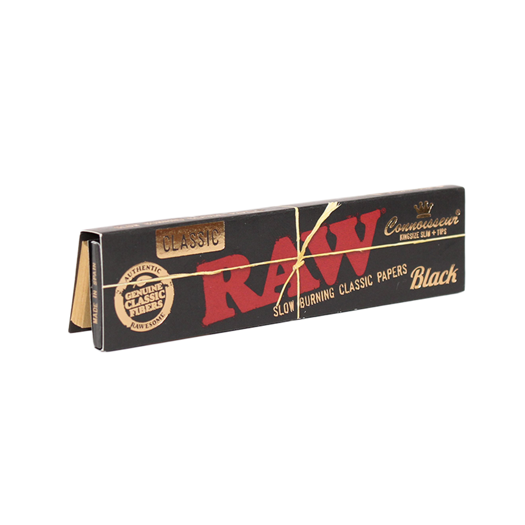 RAW – ROLLING PAPERS – BLACK CLASSIC CONNOISSEUR WITH TIPS – KING SIZE – 24CT DSPL – [MSRP: $4 EACH]