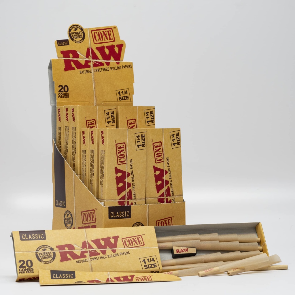 RAW – PRE-ROLLED CONES – CLASSIC – 1 1/4 – 20CT DSPL – [MSRP: $5.50 EACH]