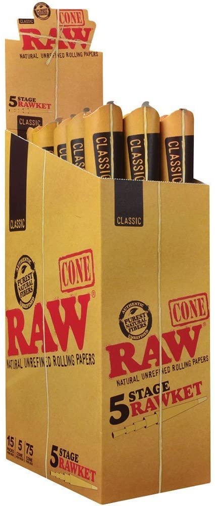 RAW – PRE-ROLLED CONES – CLASSIC – 5 STAGE RAWKET – 15PK – 15CT DSPL – [MSRP: $6.50 EACH]
