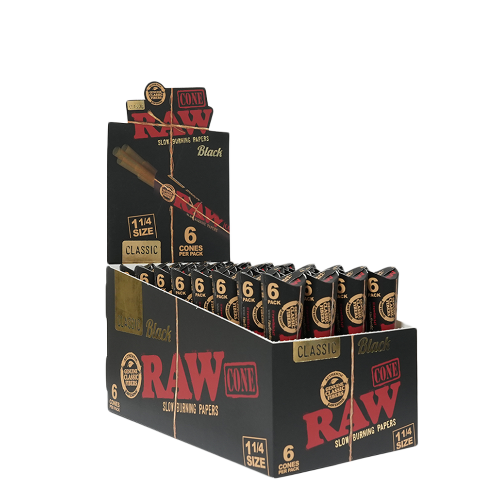 RAW – PRE-ROLLED CONES – BLACK – 1 1/4 – 6PK – 32CT DSPL – [MSRP: $4.50 EACH]