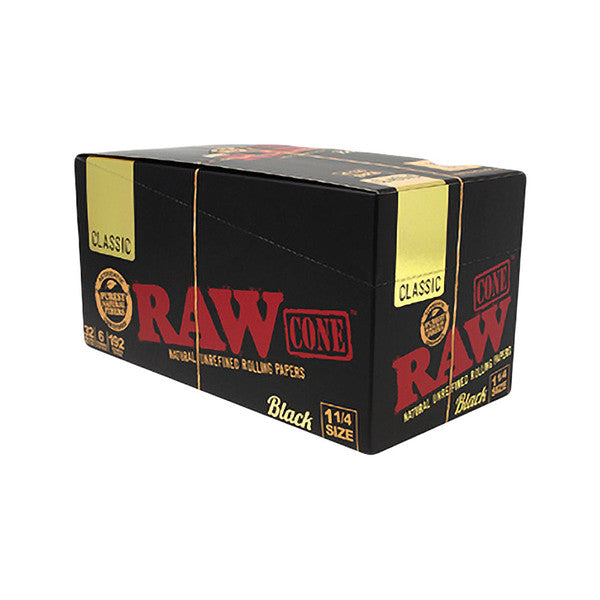 RAW – PRE-ROLLED CONES – BLACK – 1 1/4 – 6PK – 32CT DSPL – [MSRP: $4.50 EACH]