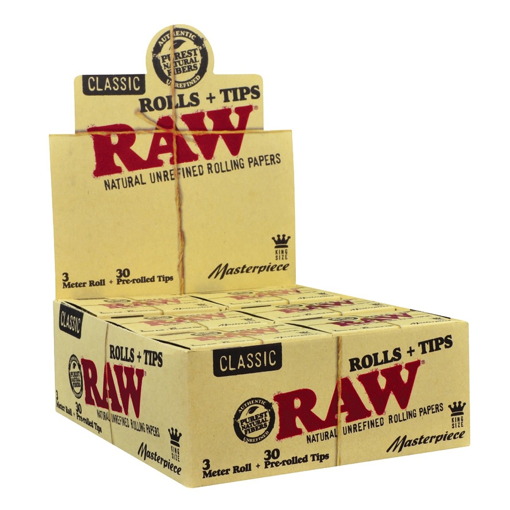 RAW – ROLLING PAPERS – MASTERPIECE ROLLS WITH PREROLLED TIPS – 3 METER – KING SIZE – 12CT DSPL – [MSRP: $8.50 EACH]