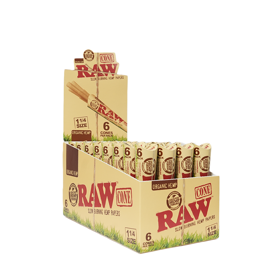 RAW – PRE-ROLLED CONES – ORGANIC – 1 1/4 – 6PK – 32CT DSPL – [MSRP: $3.50 EACH]