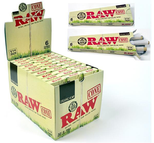 RAW – PRE-ROLLED CONES – ORGANIC – 1 1/4 – 6PK – 32CT DSPL – [MSRP: $3.50 EACH]