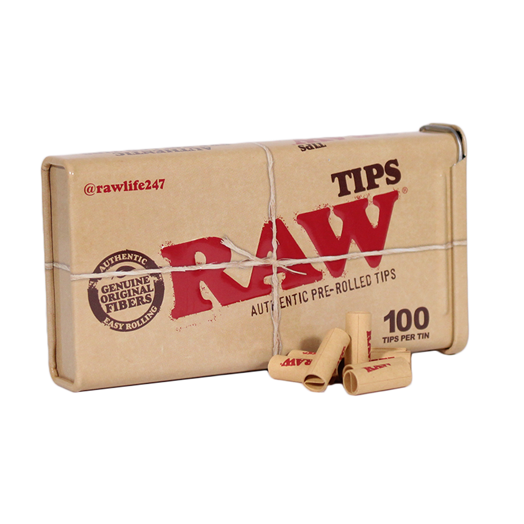 RAW – TIPS & FILTERS – PRE-ROLLED ROLLING PAPER TIPS W/ STORAGE TIN – 100CT – [MSRP: $0.50 EACH]