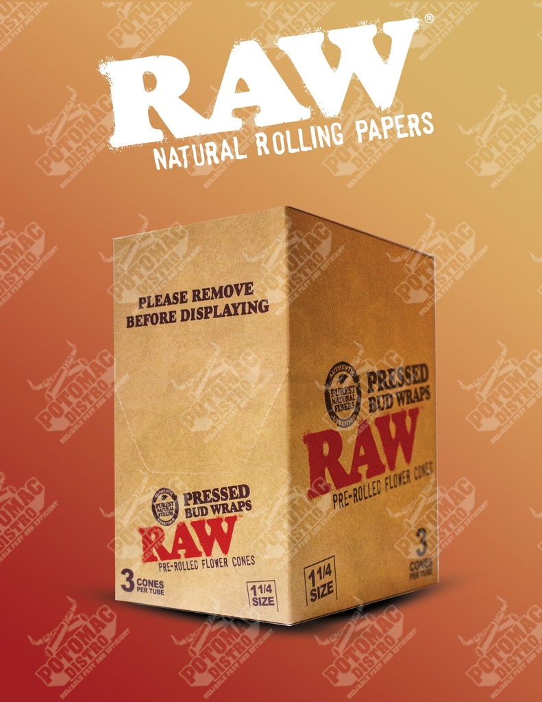 RAW – PRE-ROLLED CONES – PRESSED BUD WRAPS – FLOWER CONES – 1 1/4 – 3PK – 24CT DSPL – [MSRP: $3 EACH]