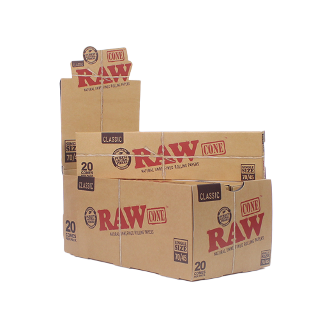 RAW – PRE-ROLLED CONES – CLASSIC – SINGLE – SIZE 70/45 – 20PK – 12CT DSPL – [MSRP: $10 EACH]