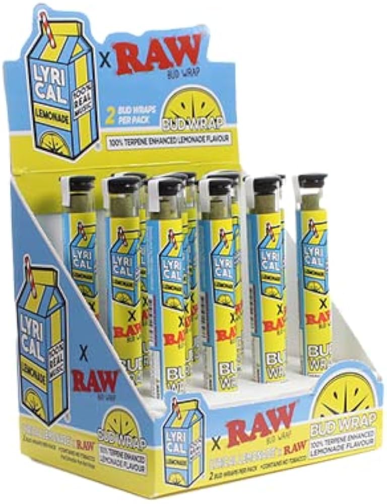 RAW X LYRICAL LEMONADE – PRE-ROLLED CONES – BUD WRAP – TERP ENHANCED – LEMONADE – 2PK – 12CT DSPL – [MSRP: $7.50 EACH]