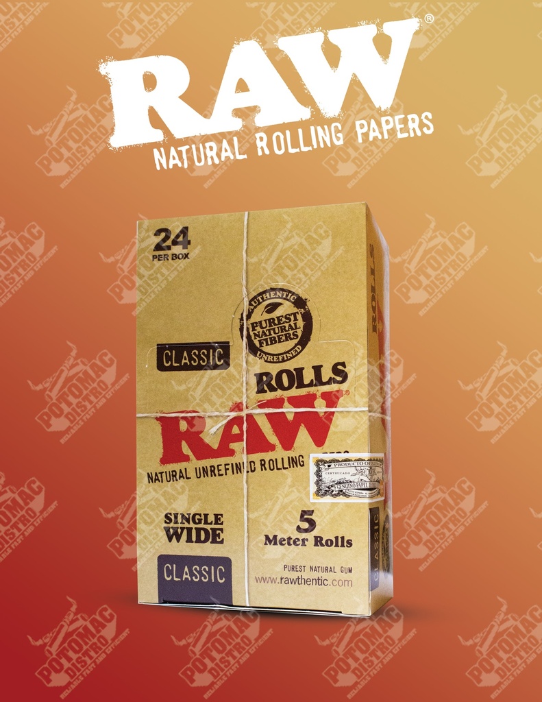 RAW – ROLLING PAPERS – CLASSIC ROLLS – 5 METER – 12CT DSPL – [MSRP: $6.50 EACH]