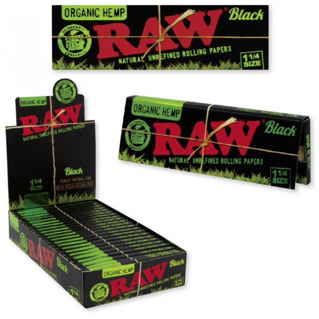 RAW – ROLLING PAPERS – BLACK ORGANIC HEMP – 1 1/4 & KING SIZE – SLIM – 24CT & 50CT DSPL – [MSRP: $2 EACH]