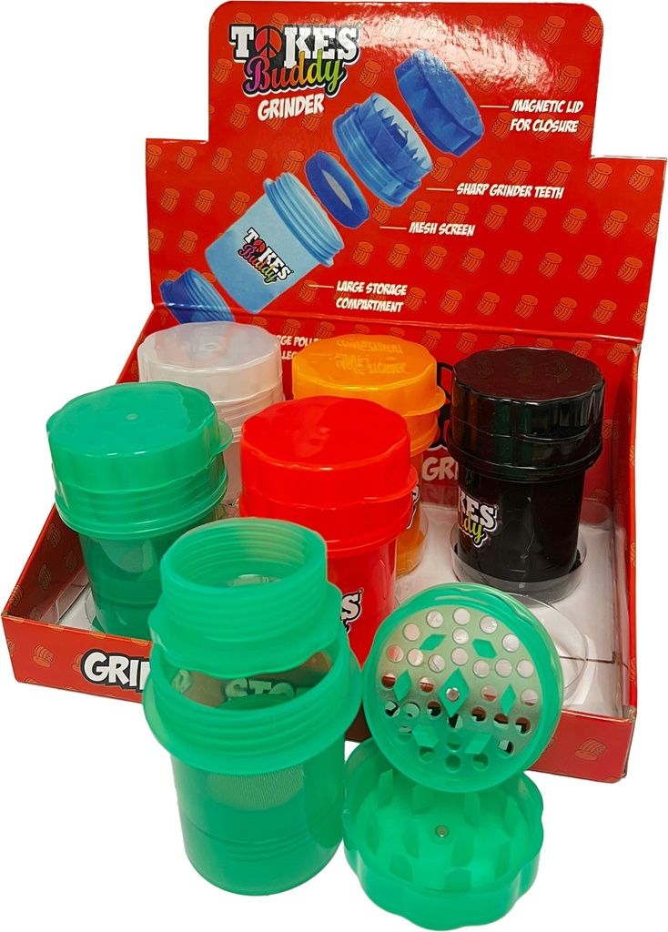 TOKES BUDDY – GRINDERS – LARGE PLASTIC WITH STORAGE – 3-IN-1 – ASSORTED COLORS – 6CT DISPLAY – TBPGL – [MSRP: $9.50 EACH]