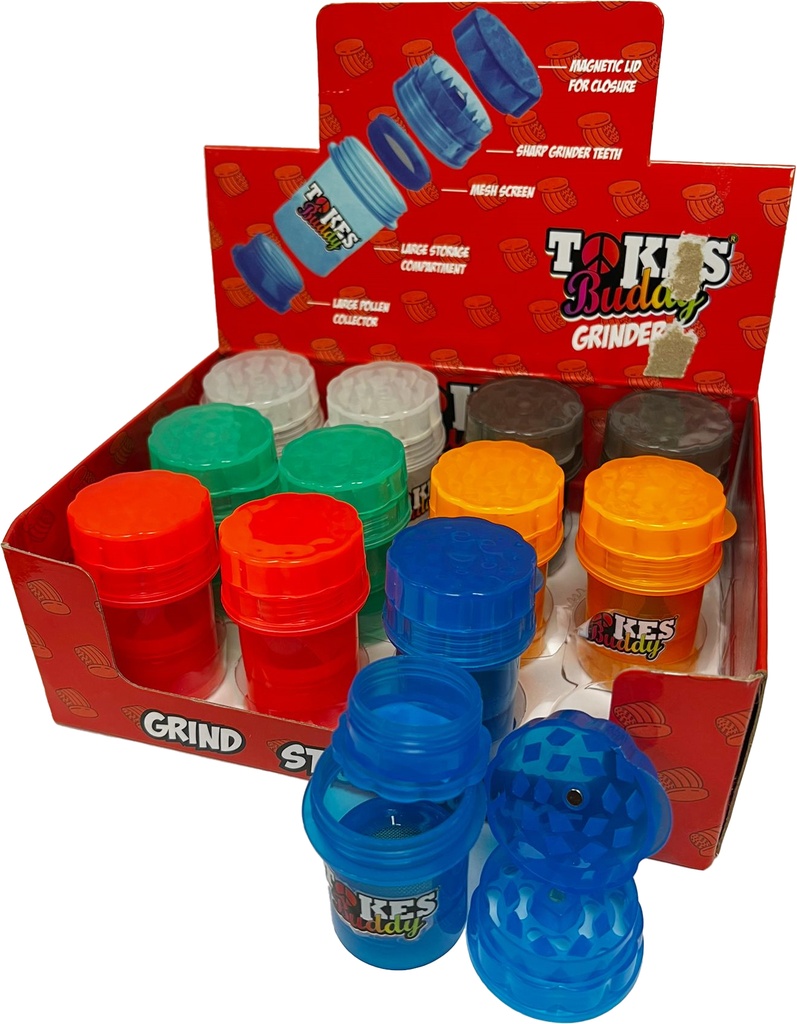 TOKES BUDDY – GRINDERS – SMALL PLASTIC WITH STORAGE – 3-IN-1 – ASSORTED COLORS – 12CT DISPLAY – TBPGS – [MSRP: $6.50 EACH]