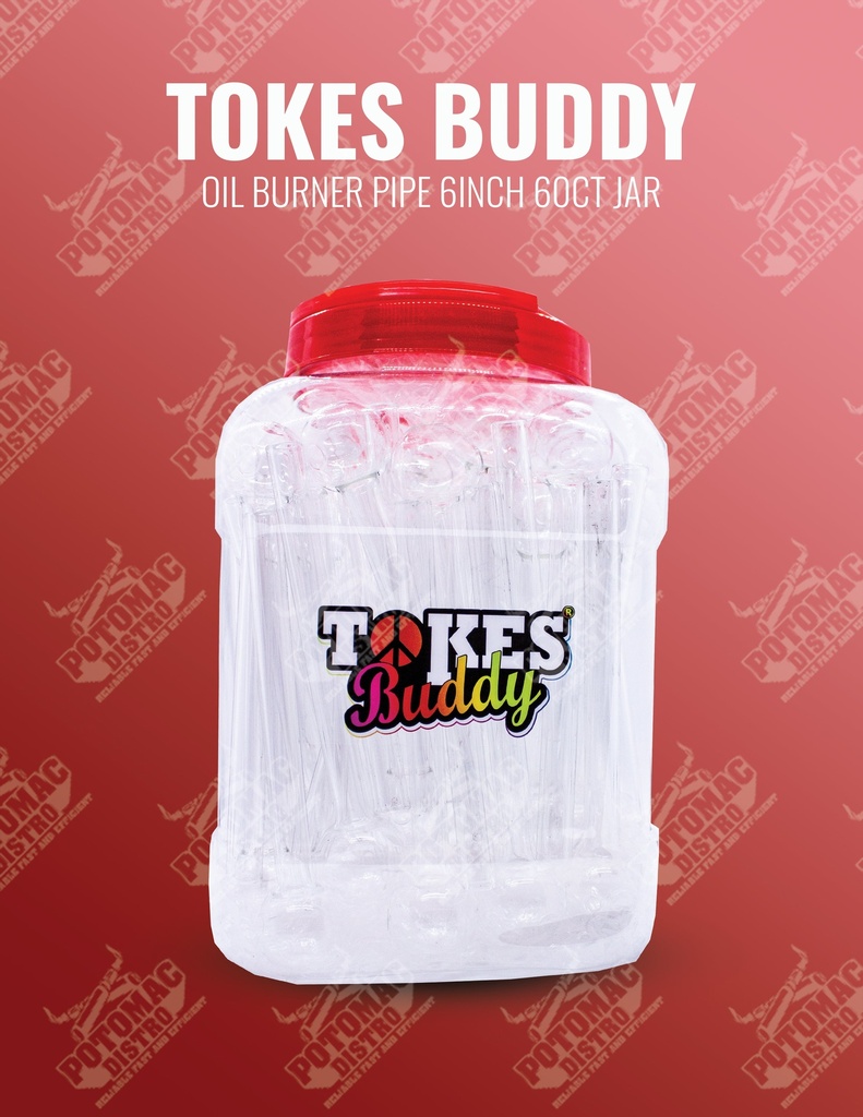 TOKES BUDDY – GLASS OIL BURNER – HAND PIPES – 6-INCH – CLEAR – 60CT JAR – OB-XL – [MSRP: $1 EACH]