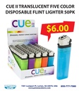CUE II – LIGHTERS – DISPOSABLE FLINT – TRANSLUCENT ASSORTED COLORS – 50CT DISPLAY TRAY – ZY-2C-CUE-50PK – [MSRP: $0.50 EACH]