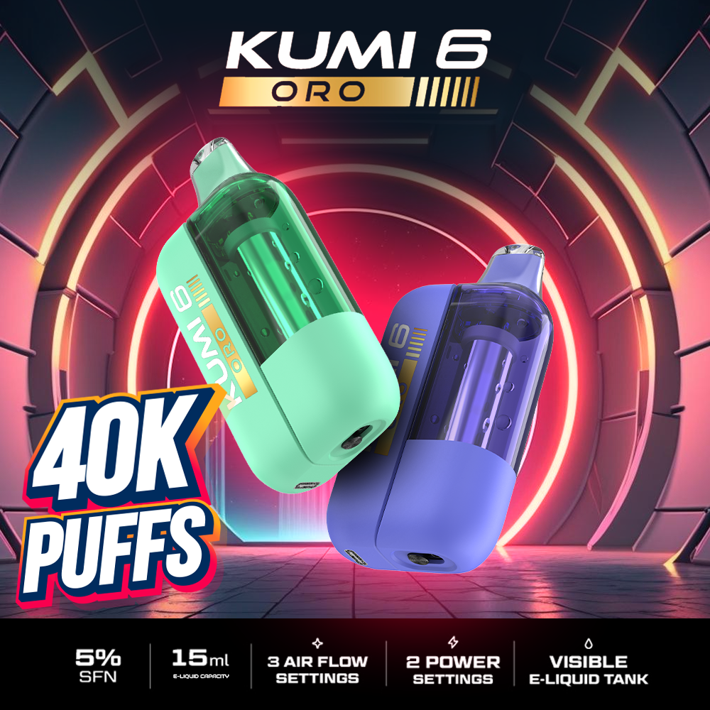 KUMI – DISPOSABLE VAPE – NICOTINE ANALOGUES – 6 ORO – 40K PUFF – 15ML – VARIOUS FLAVORS – 5CT – [MSRP: $27 EACH]